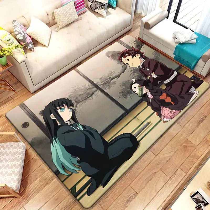Soft anime rug with Tanjiro and Nezuko print in a cozy bedroom setting