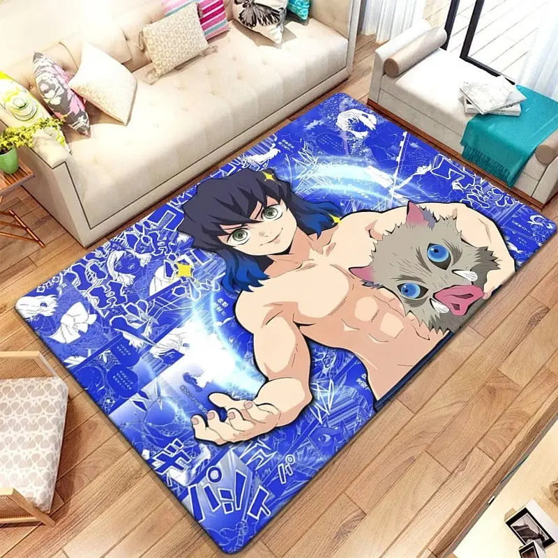 Plush microfiber Demon Slayer rug used in a modern bedroom