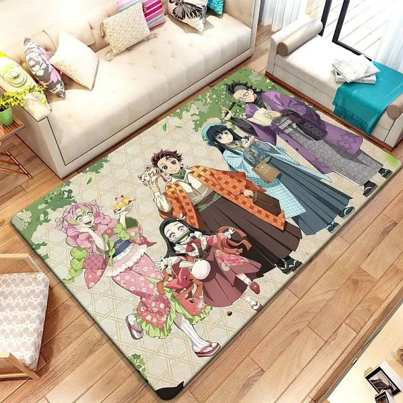 Non-slip Demon Slayer floor mat with anime graphics in a teen room