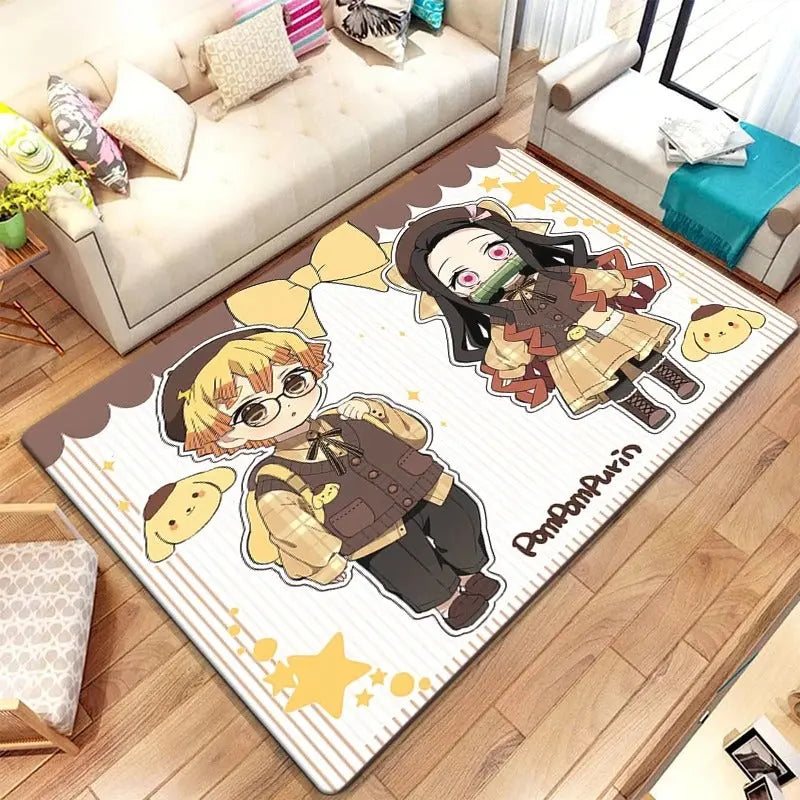Nezuko-themed anime floor mat Pompompurin rug beside a cozy bed