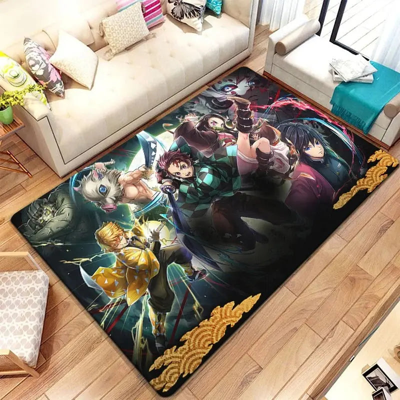 Tanjiro anime carpet placed at the side of a twin bed