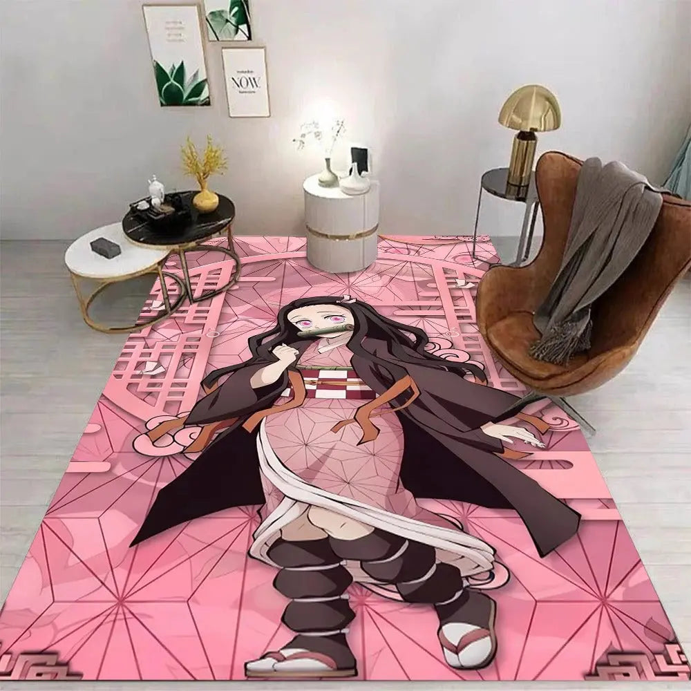 Floor mat for gaming setup with LED lights and anime artwork