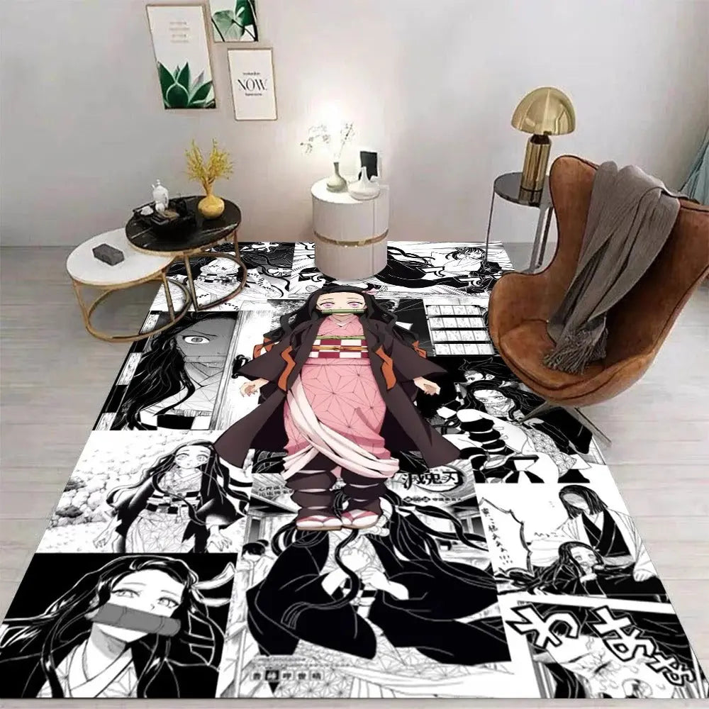 Demon Slayer rug on polished wood floor in anime-themed decor