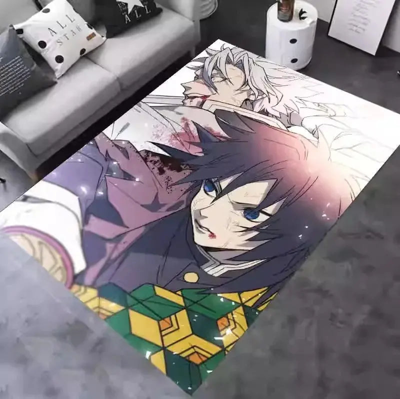 Japanese anime rug featuring Demon Slayer artwork in modern setting