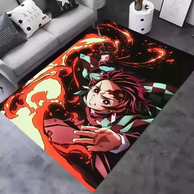 Dorm room rug with Demon Slayer characters and posters in background