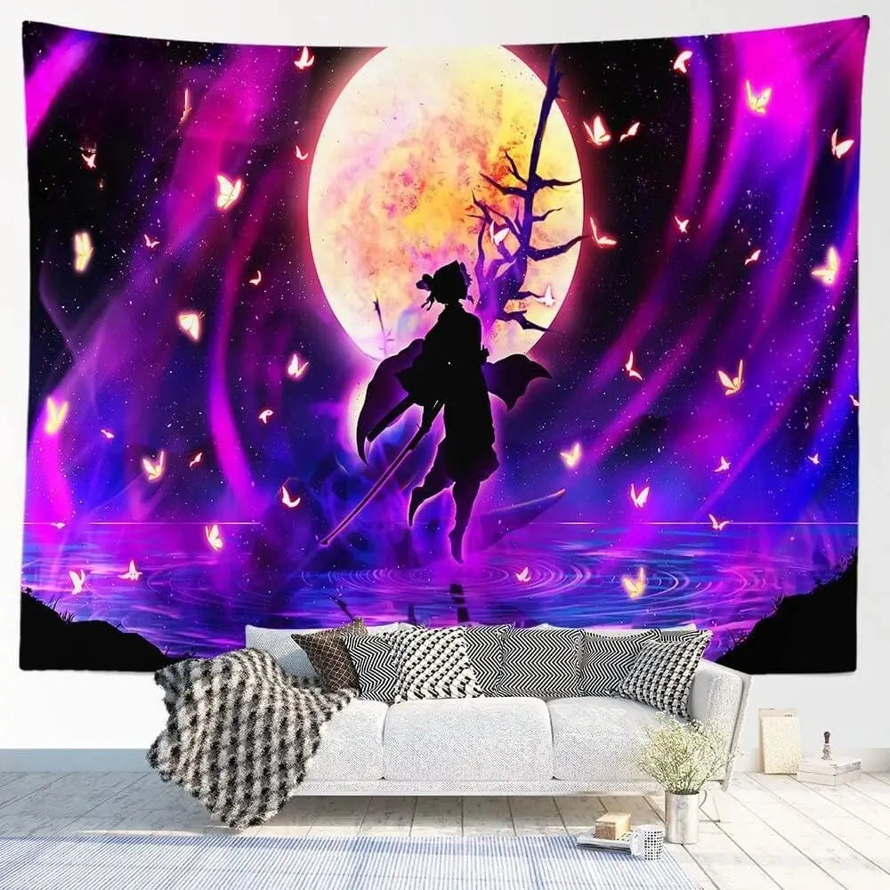Demon Slayer silhouette tapestry with moon and tree branches

Anime character silhouette wall hanging with glowing butterflies

Moonlight fantasy tapestry from Kimetsu no Yaiba

Supernatural anime tapestry with sword and full moon

Japanese-style silhouette tapestry for anime bedroom decor