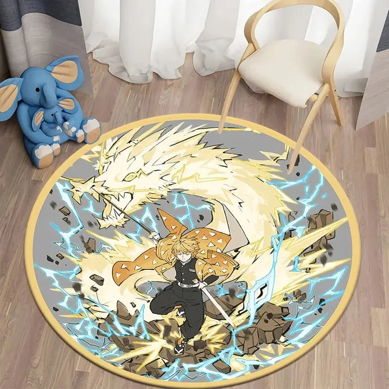 Round Demon Slayer anime rug with HD prints of Tanjiro, Nezuko & more. Soft, non-slip, machine washable — ideal for anime bedrooms, dorms & gaming rooms.