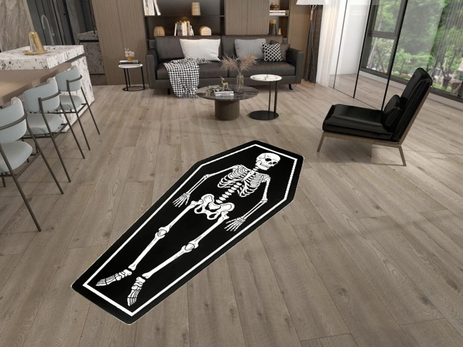 Detailed skeleton graphic rug used as festive Halloween decor