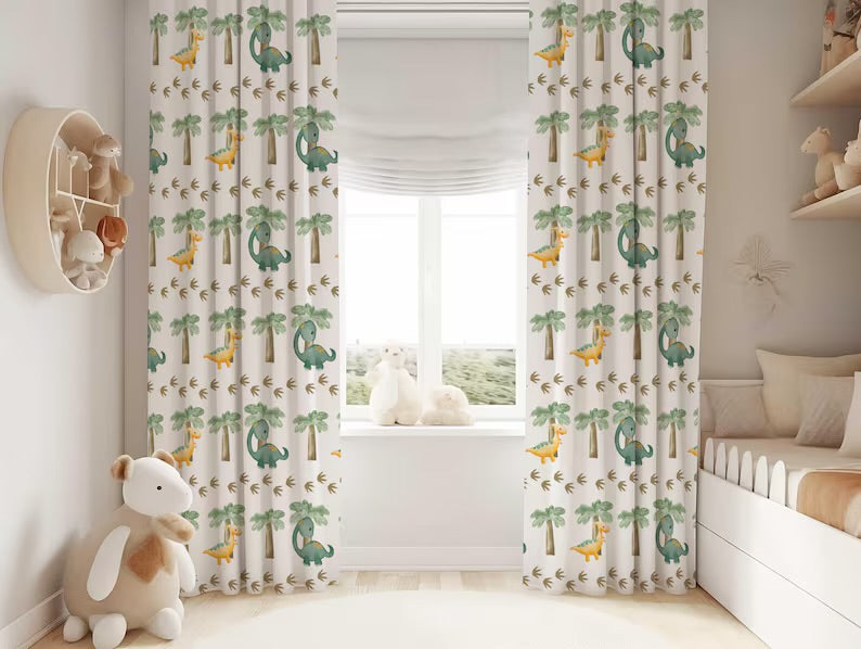 
Dinosaur Nursery Curtains: Green & Yellow Kids Room Darkening Panels