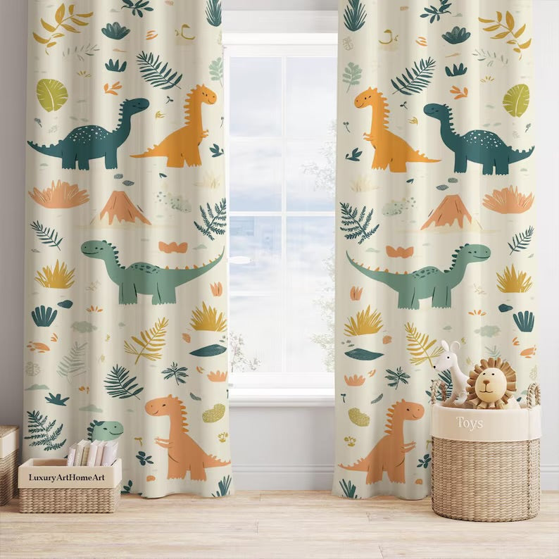 Dinosaur Nursery Curtains: Handmade Cotton, Blackout Option