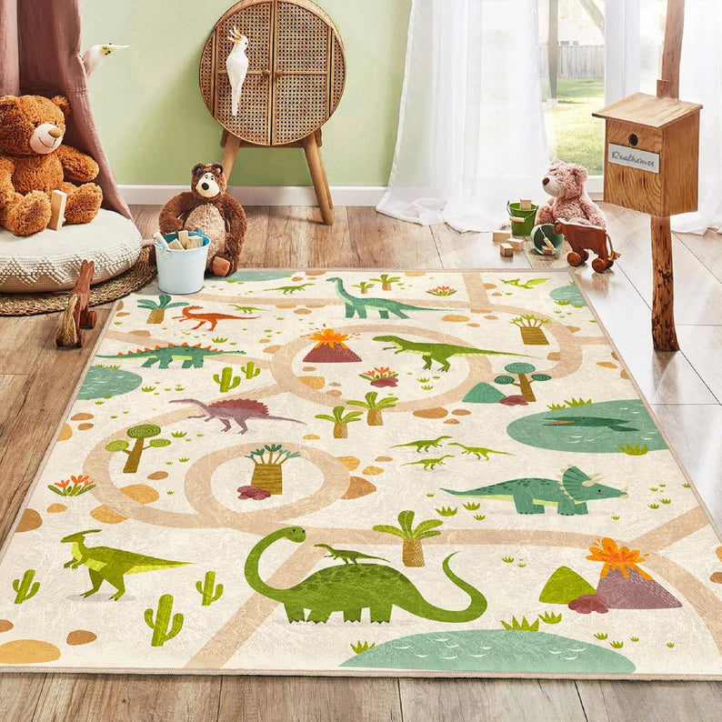 
Dinosaurs Themed Washable Kid&#39;s Room Rug|Forest Road Nursery Play Mat|Beige And Green Kids Carpets|Handmade Kids Rug|Best Jurassic Kids Rugs