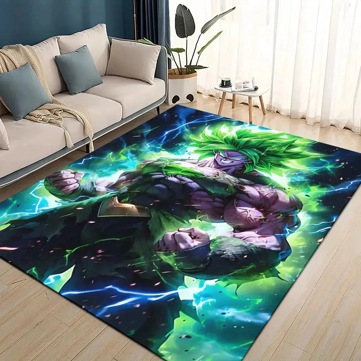 Broly power-up anime carpet with green energy blast design
