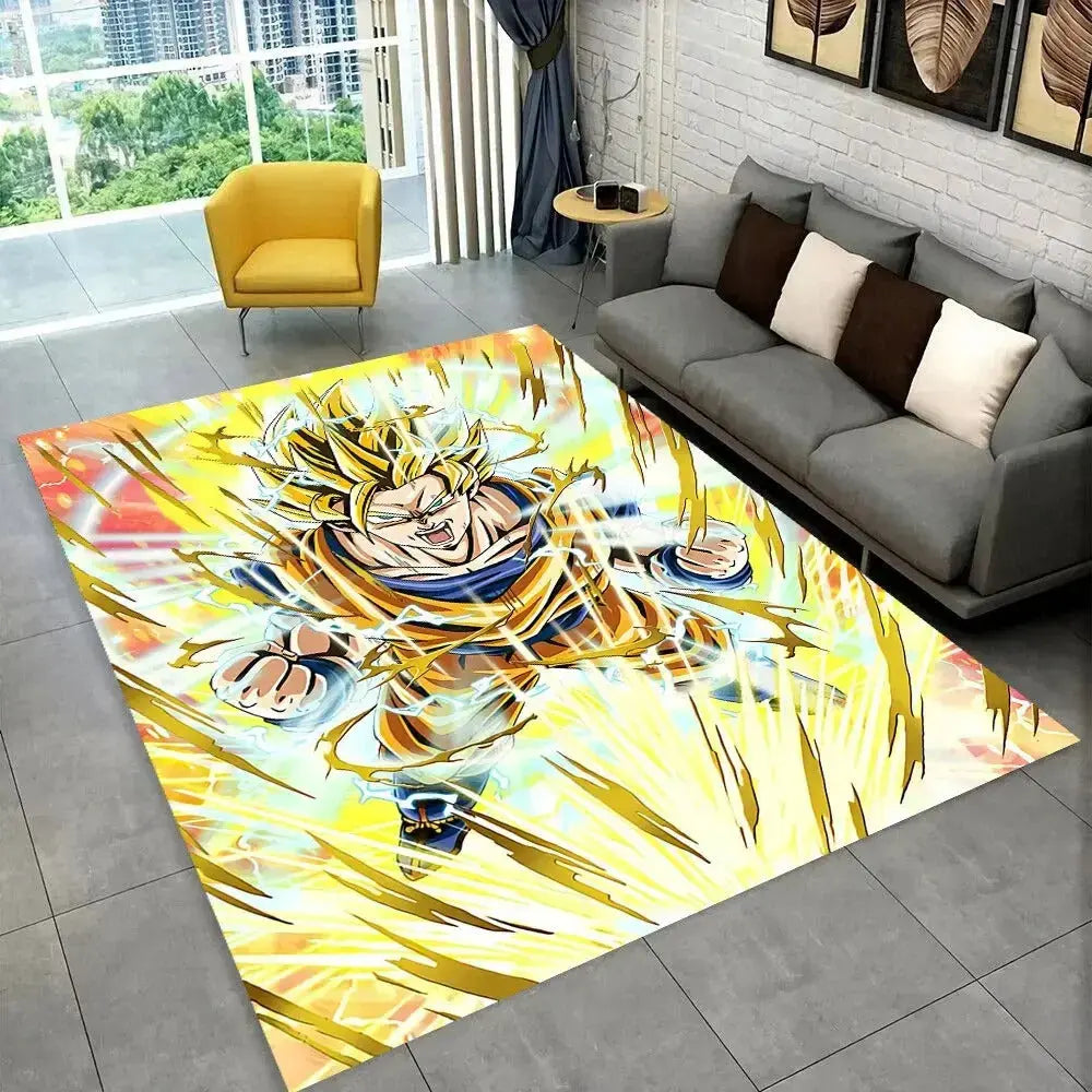 Goku anime floor mat in Super Saiyan pose for kids bedroom or gaming room
