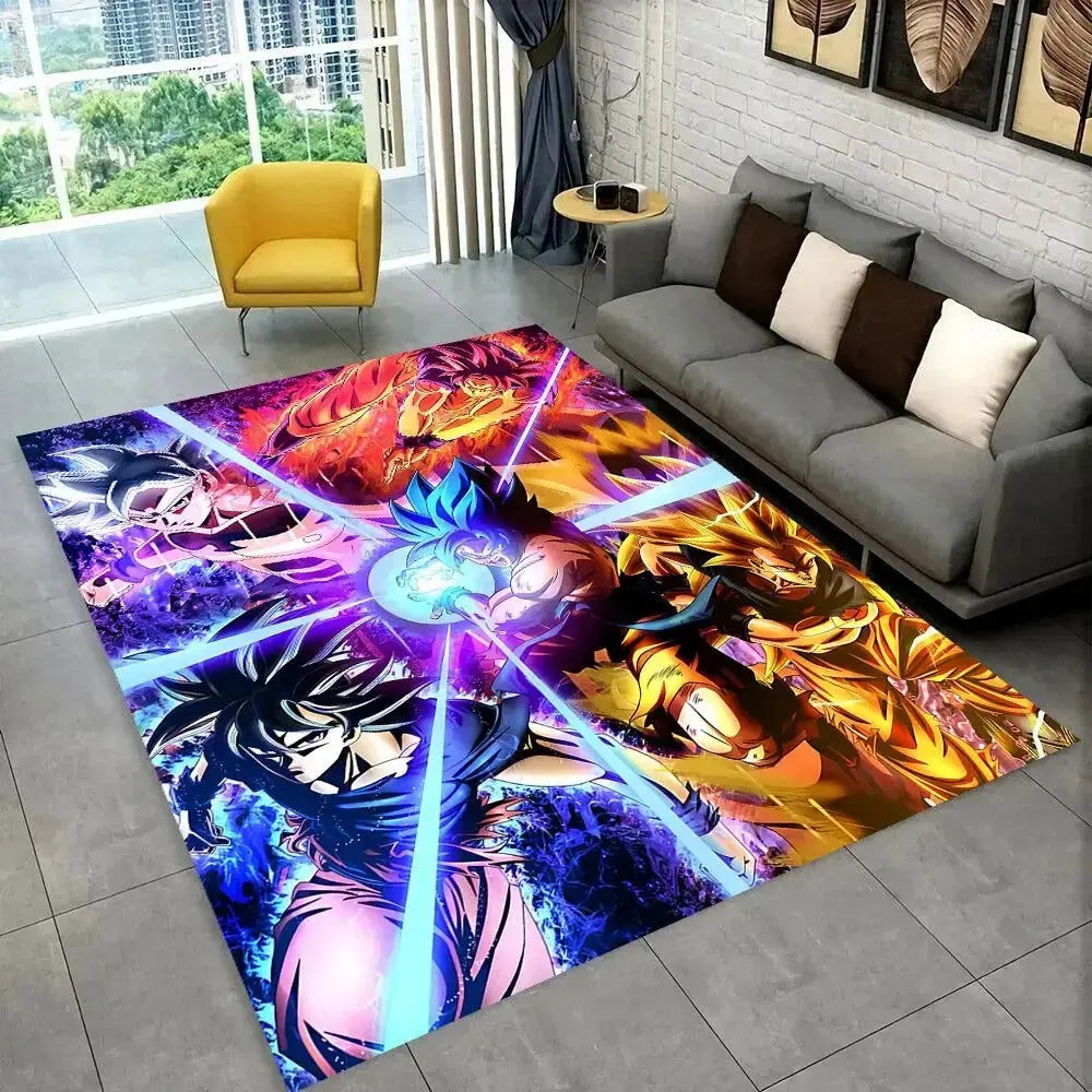 Son Goku anime floor rug in Super Saiyan form for bedroom or gaming room