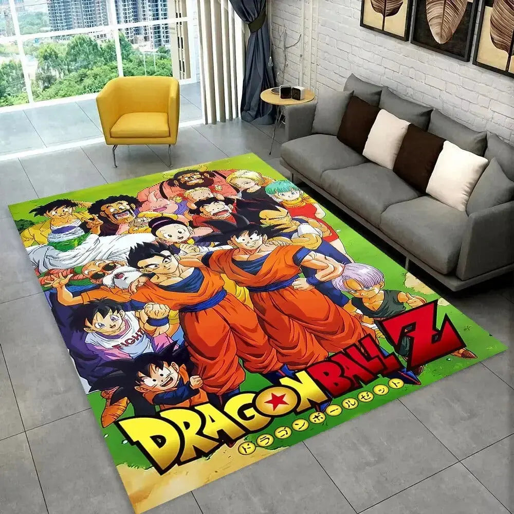 Kids' playroom rug with Dragon Ball Z characters in battle-ready poses