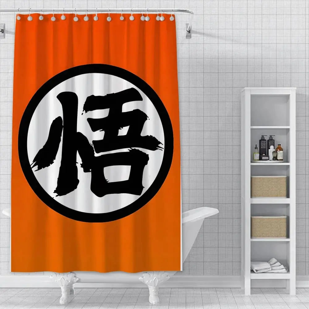 Anime Goku waterproof polyester shower curtain with vibrant Dragon Ball design hanging in modern bathroom