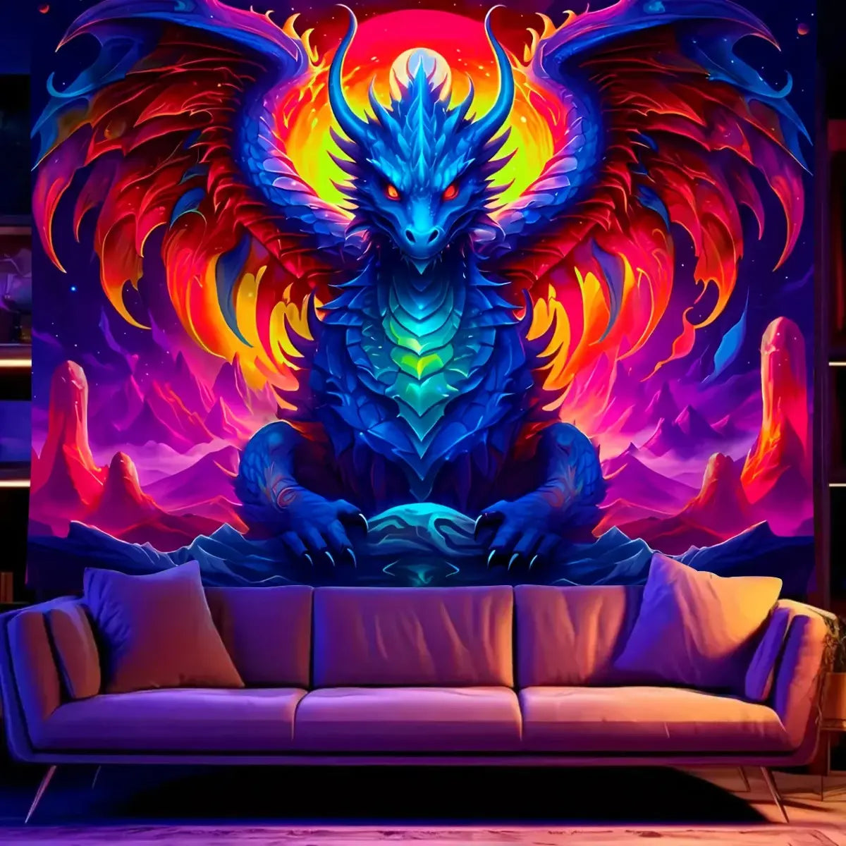Cosmic dragon scale design wall hanging in deep blue for gaming or fantasy decor