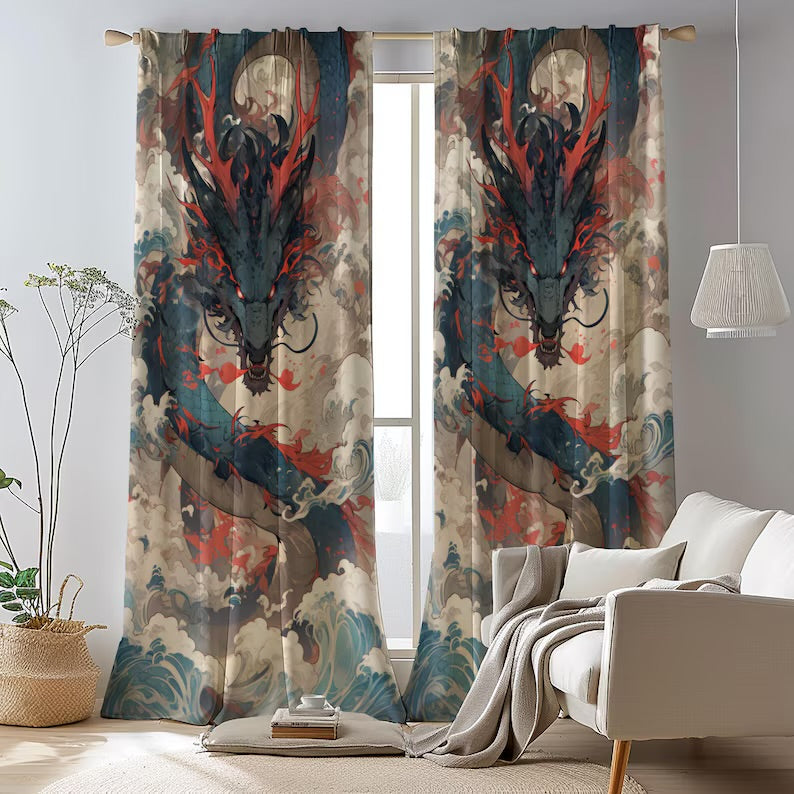 Dragon Curtains, Asian Mythology Window Panels, Fantasy Art Drapes, Japanese Oriental Home Decor Curtains
