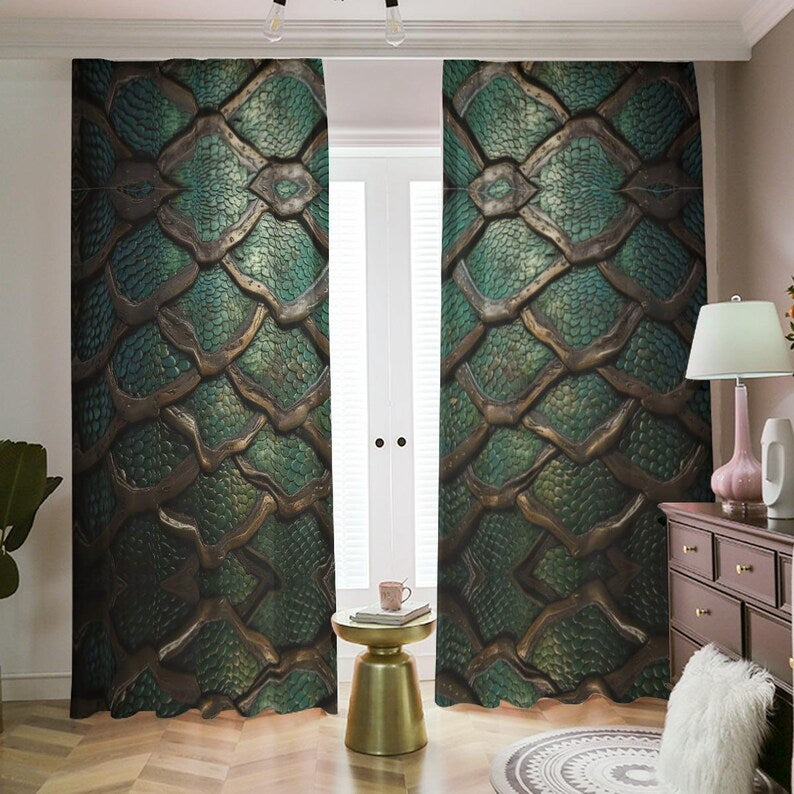 Dragon Scale Medieval Blackout Curtains, Chainmail Opaque Drapes, Set Of 2 Panel, Room Darkening Renaissance Lodge, Rod Pocket Panels Shades
