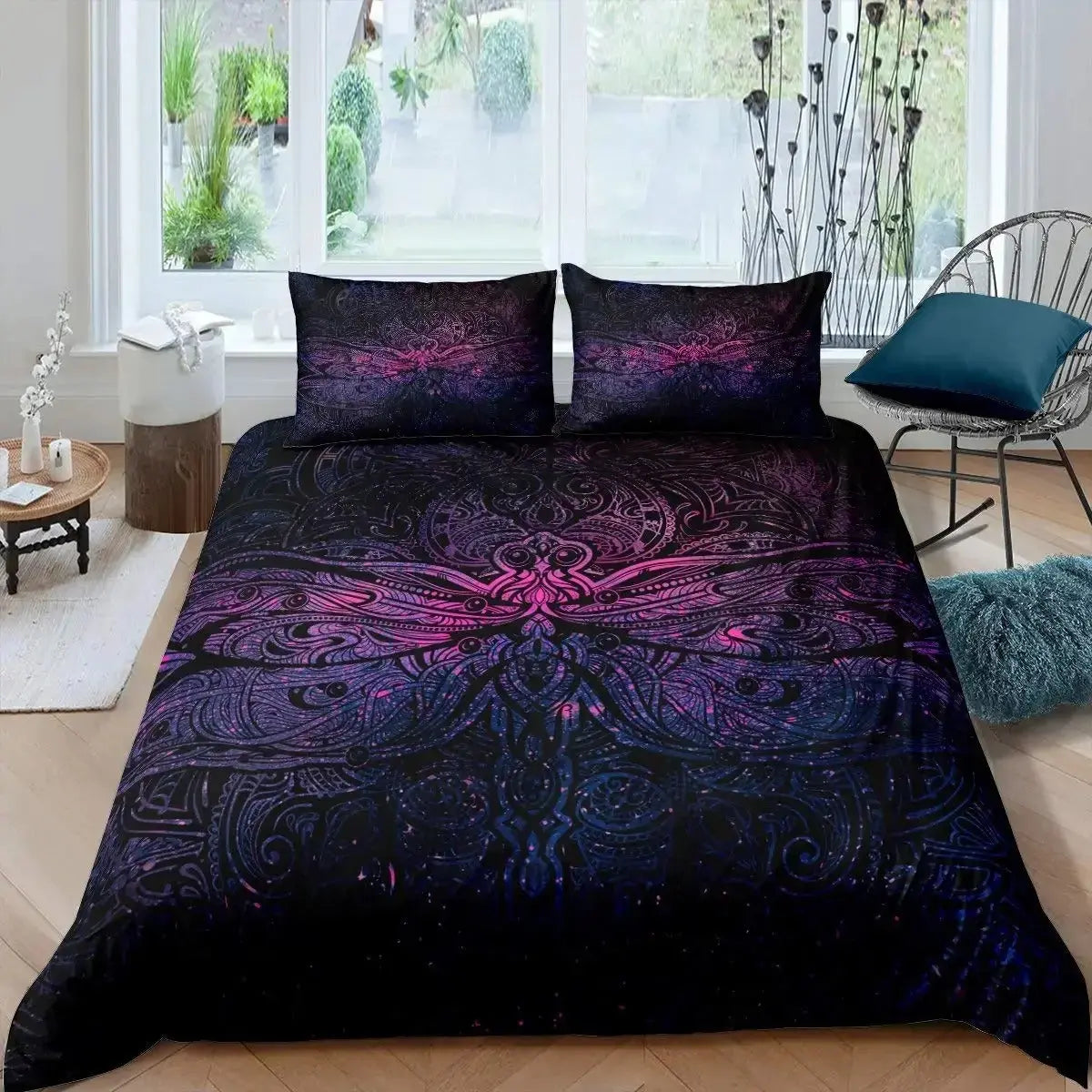Dragonfly mandala paisley duvet cover on king bed