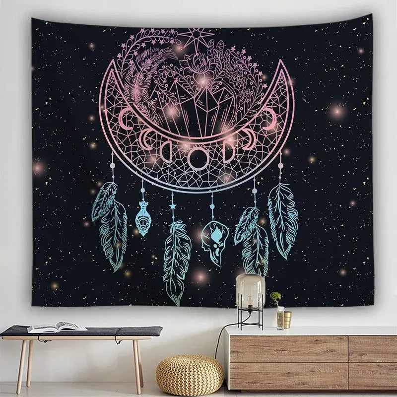 Feather mandala dream catcher blanket hanging on wall