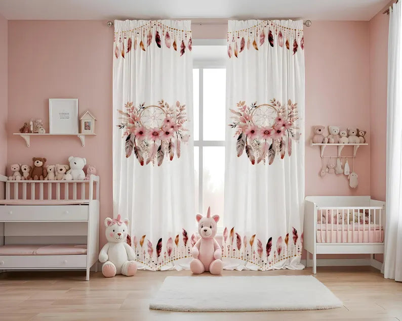 Dreamcatcher Blackout Curtains | Kids Room - Nursery Room - Playroom Blackout Drapes | Pink Floral Themed