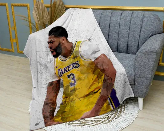 Anthony Davis Los Angeles Lakers flannel blanket featuring bold NBA player graphics, ultra-soft warm fabric, and vibrant Lakers-themed design perfect for fans’ bedding or couch throw