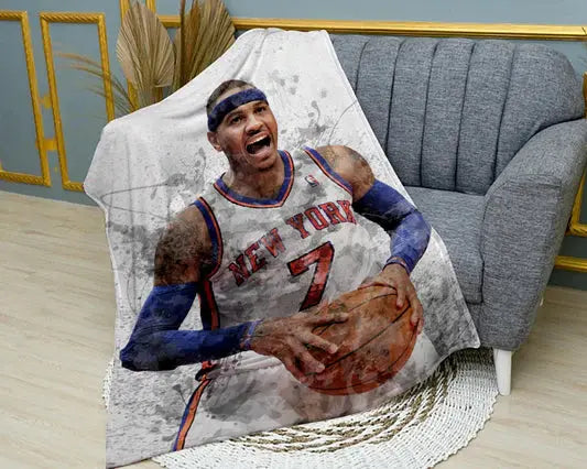Carmelo Anthony New York splash effect flannel blanket featuring vibrant NBA player graphics, ultra-soft warm fabric, and bold basketball design perfect for fans’ bedding or sofa throw