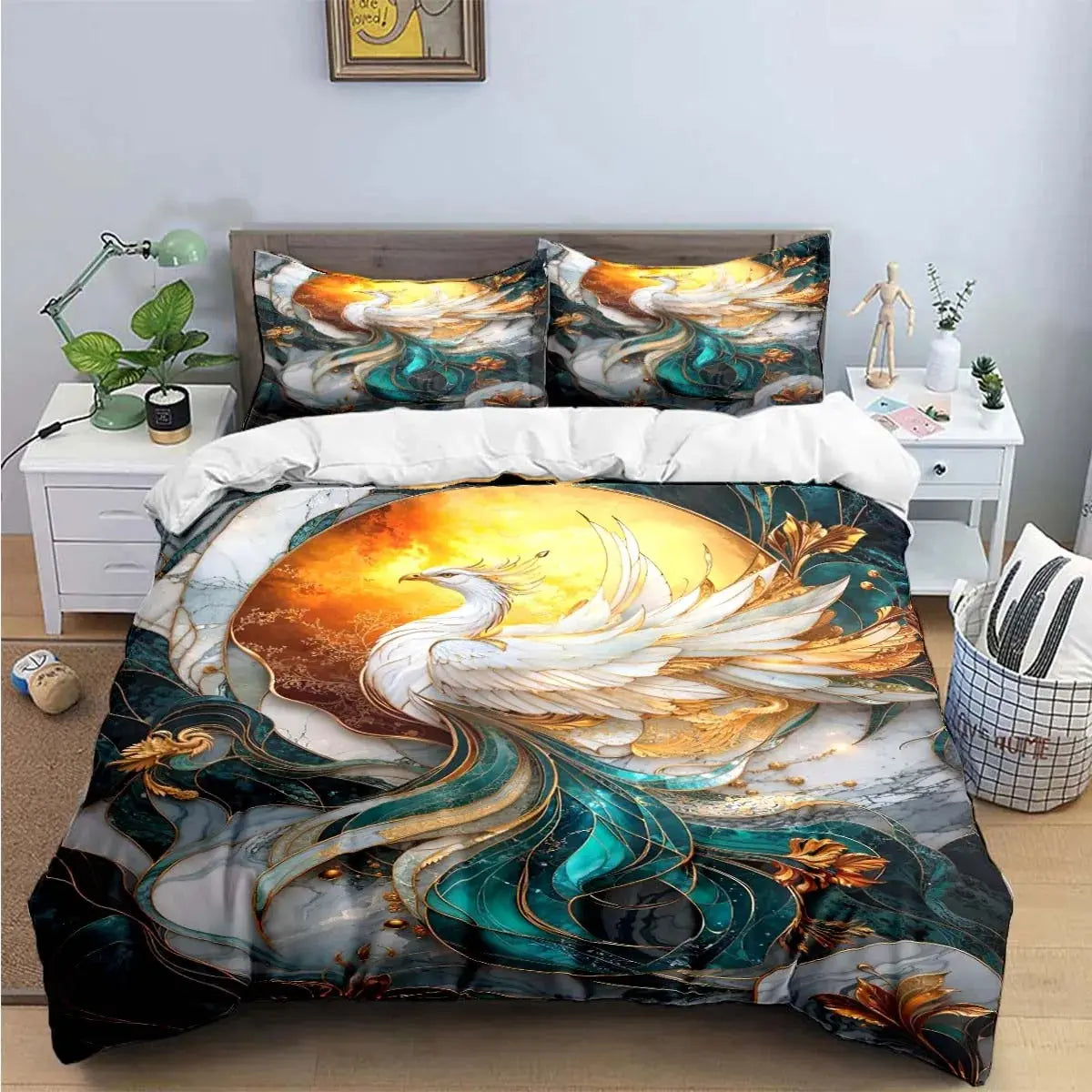 Elegant phoenix flame bedding with decorative pillows