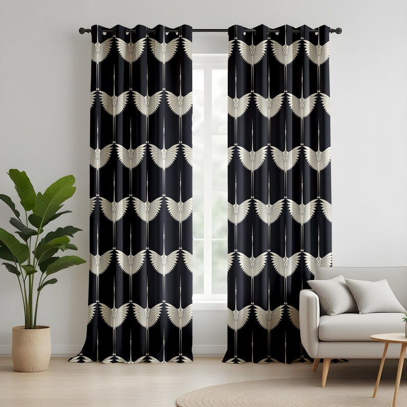 Elegant Crane Pattern Living Room Curtains, Black and White Art Deco Drapes, Modern Japanese Inspired Window Panels