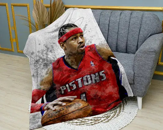 Allen Iverson Detroit Pistons flannel blanket featuring bold NBA artwork, ultra-soft warm fabric, and vibrant basketball design perfect for fans’ bedding, sofa throw, or collectible gift
