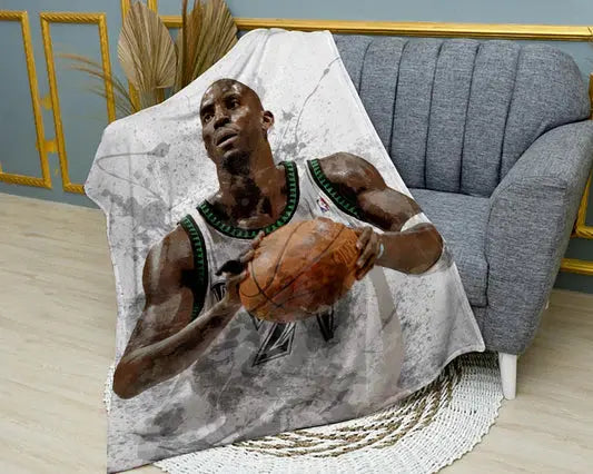 Kevin Garnett splash effect flannel blanket featuring dynamic NBA player graphics, ultra-soft warm fabric, and bold basketball design perfect for fans’ bedding, couch throw, or sports decor