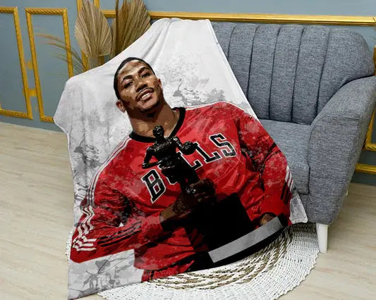 Derrick Rose Chicago Bulls splash effect flannel blanket featuring vibrant NBA player artwork, ultra-soft warm fabric, and bold basketball-themed design perfect for fans’ bedding or sofa throw