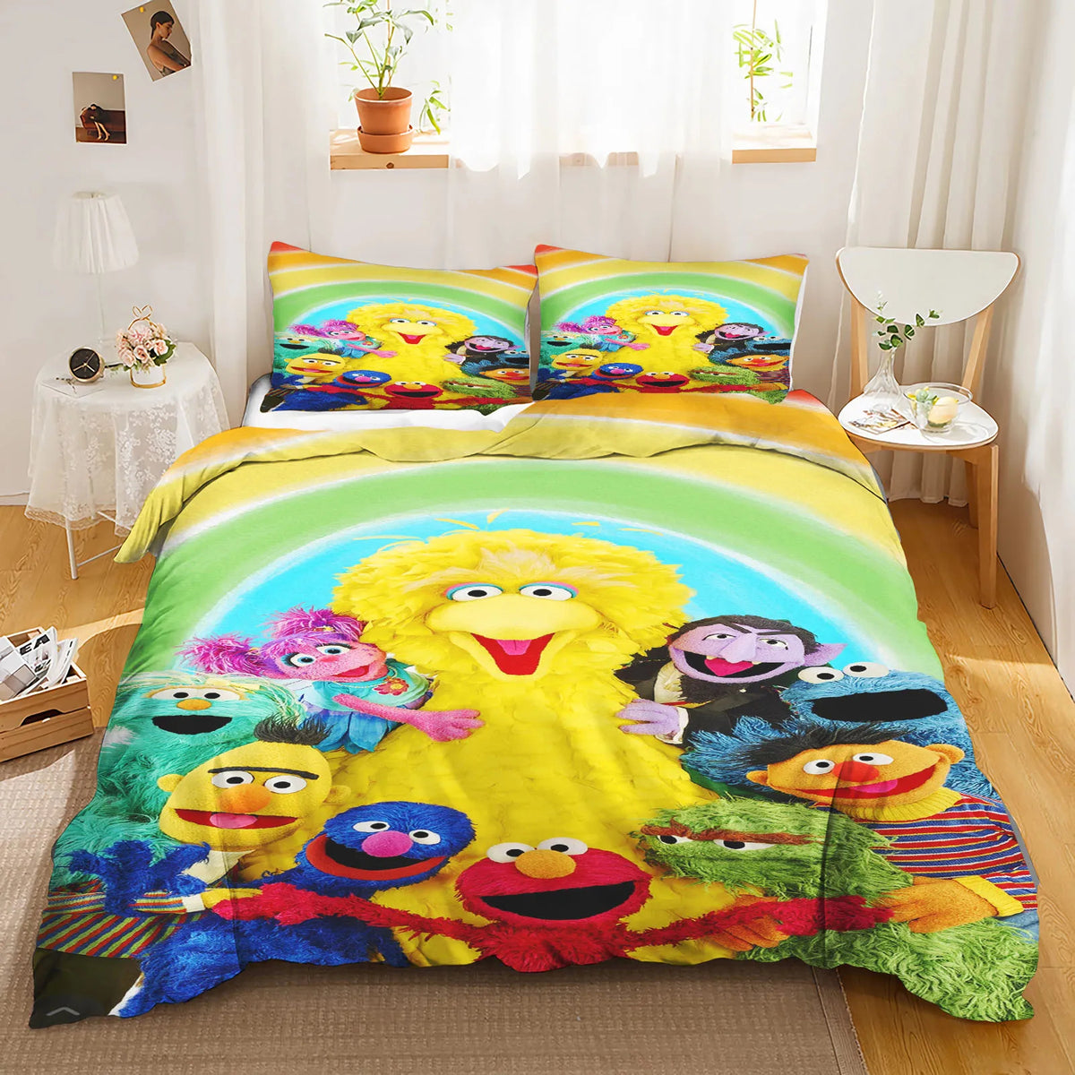 Elmo and Cookie Monster holding hands on the bottom corner of the duvet.