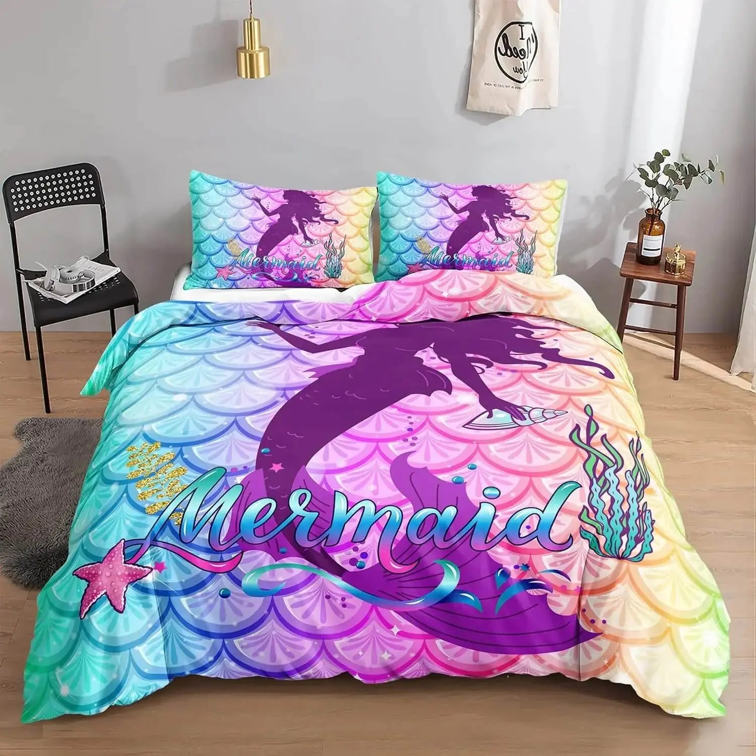 Mermaid quilt set in sea blue with fairytale mermaid tail design