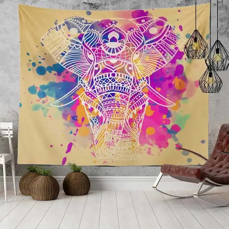 Ethnic mandala elephant tapestry with boho lace elements