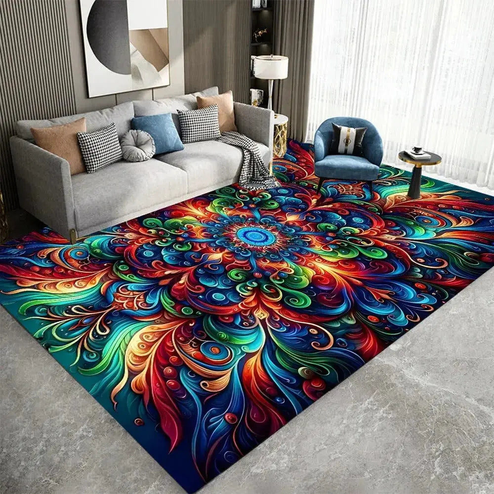 Mandala rug under desk in home office with bookshelf