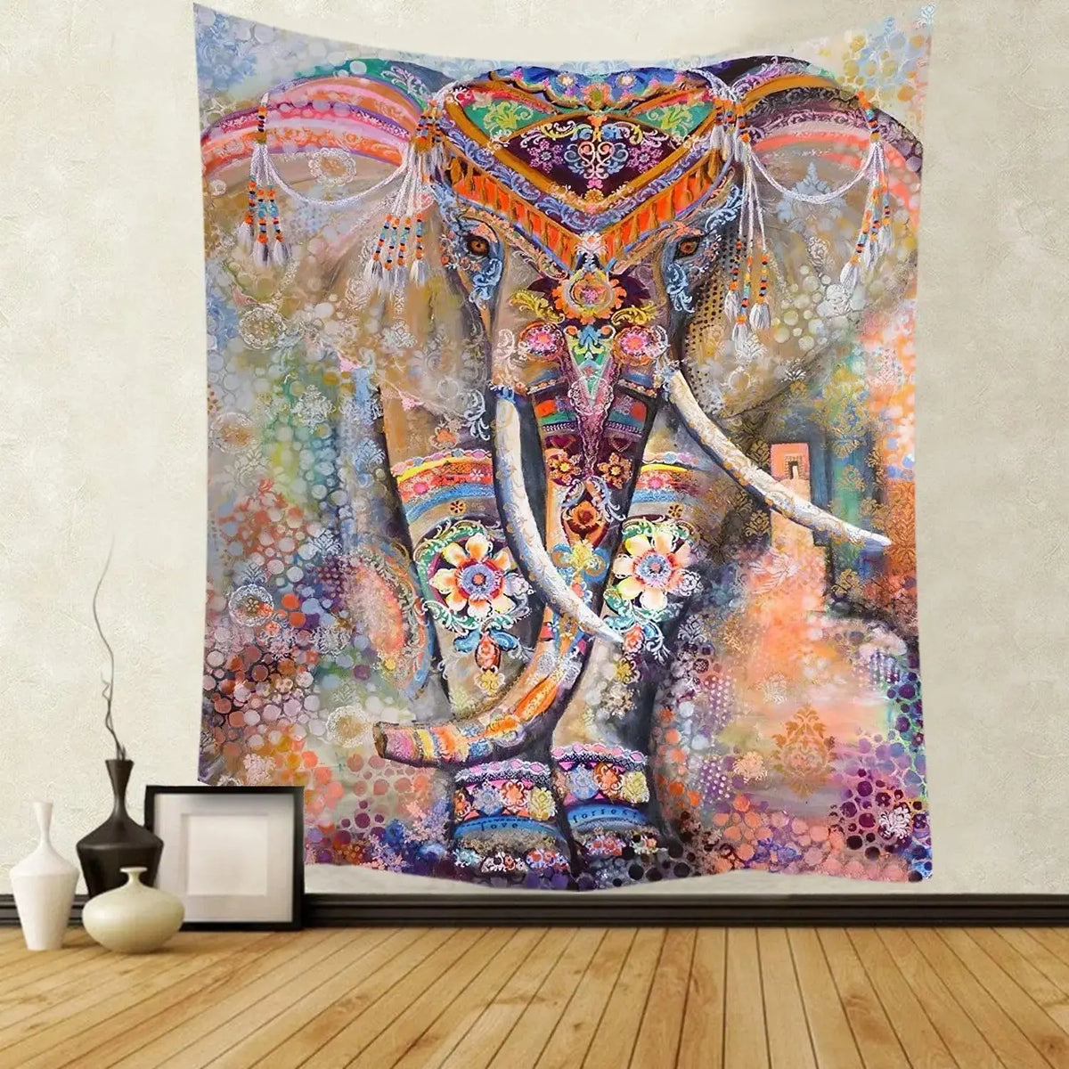 Ethnic Indian Mandala wall drapery hanging in boho-style living room