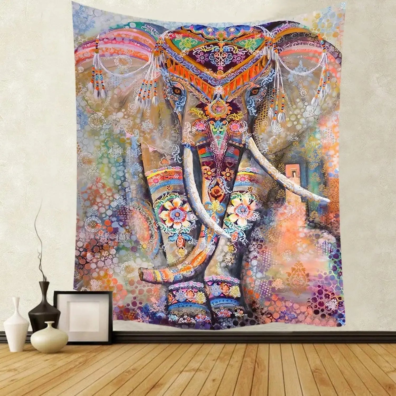 Ethnic Indian Mandala wall drapery hanging in boho-style living room