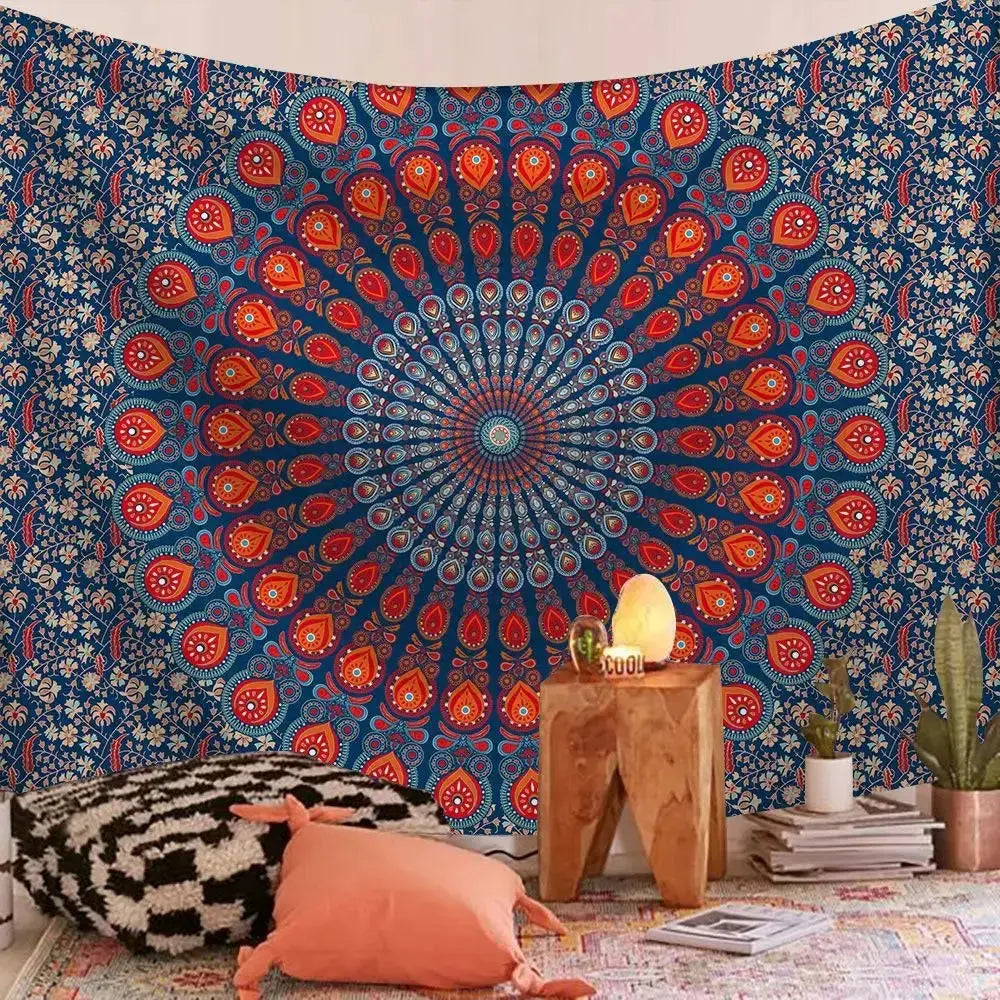 Colorful ethnic Indian mandala wall sheet hanging in boho-style room