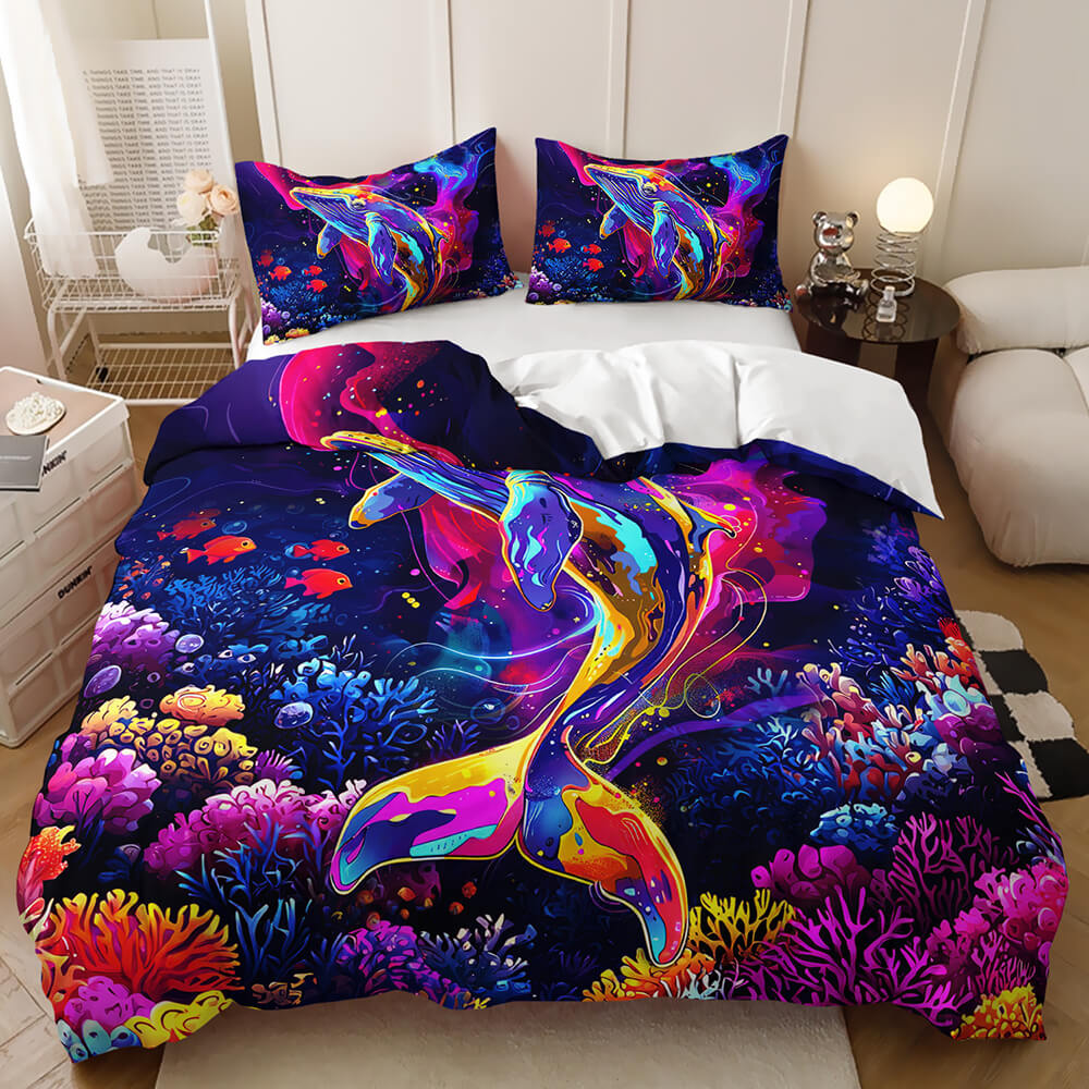 Fantasy dolphin bedroom bedding with colorful ocean waves