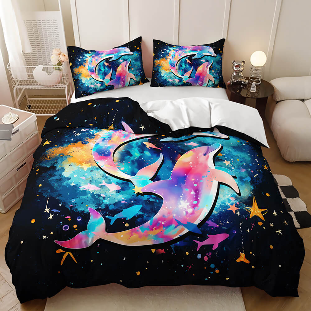 Purple dolphin duvet cover with starry sky and ocean wave design