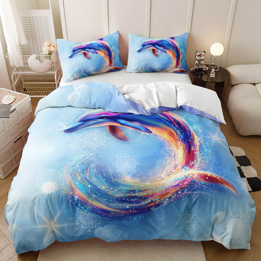 Starry sky dolphin bedding with purple ocean waves for gift