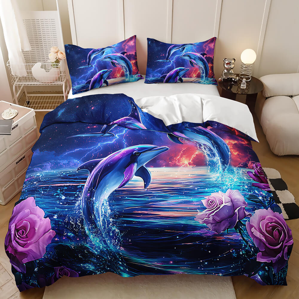 Dolphin duvet cover featuring pink hearts and fantasy ocean waves