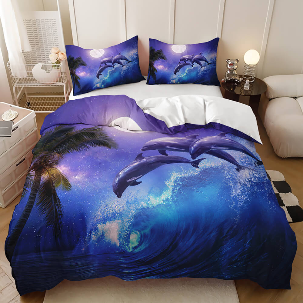 Magical dolphin duvet cover set with purple starry sky design