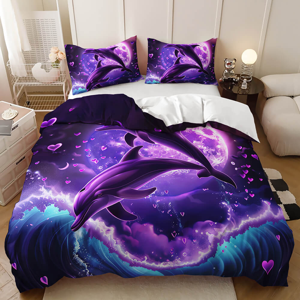 Ocean themed dolphin bedding set with purple waves