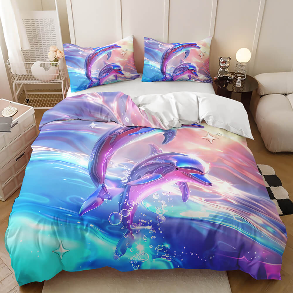 Purple dolphin bedding set with ocean waves stars and hearts