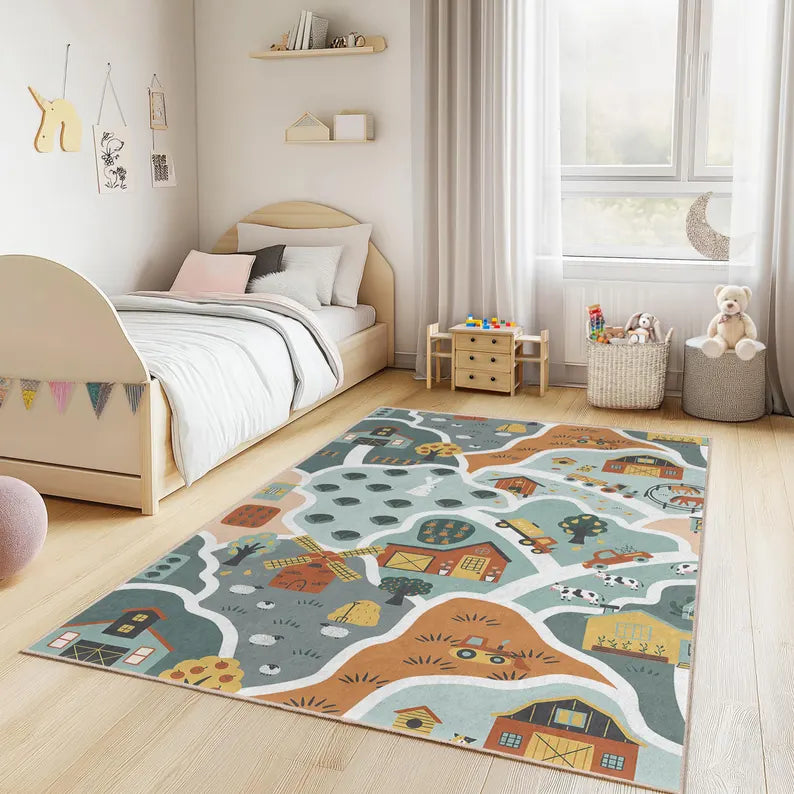 
Farm Adventure Kids Play Rug, Rectangular Animal Farm Rug, Kids Room Carpet, Playroom Decor, Nursery Floor Mat