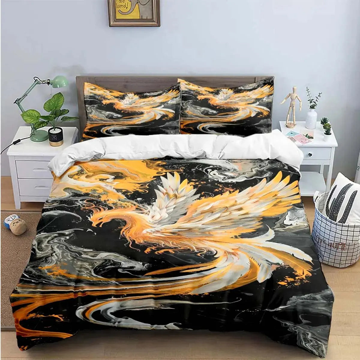 Fiery phoenix bird quilt cover with flame-themed pillowcases