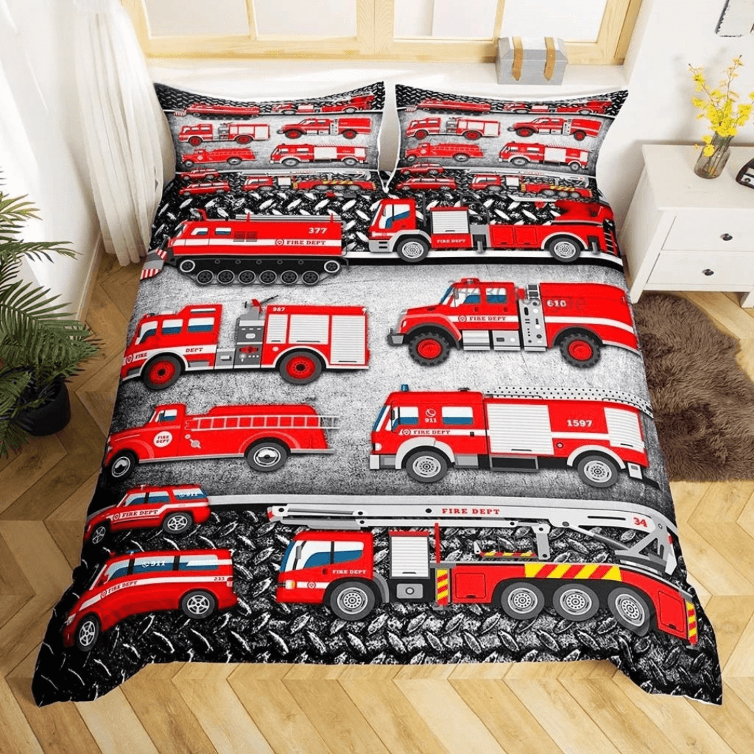 Kids doona cover with red fire engine print